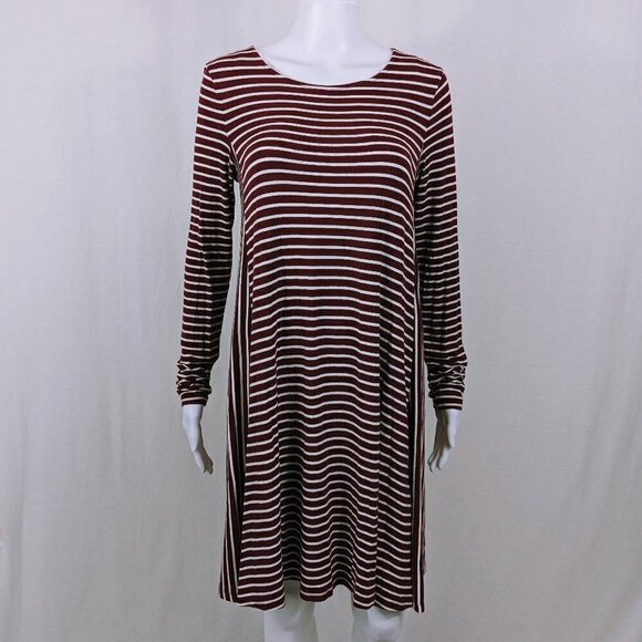 Old Navy Burgundy & White Long Sleeve Striped Stretchy Knee Length Dress Size S - Picture 1 of 6